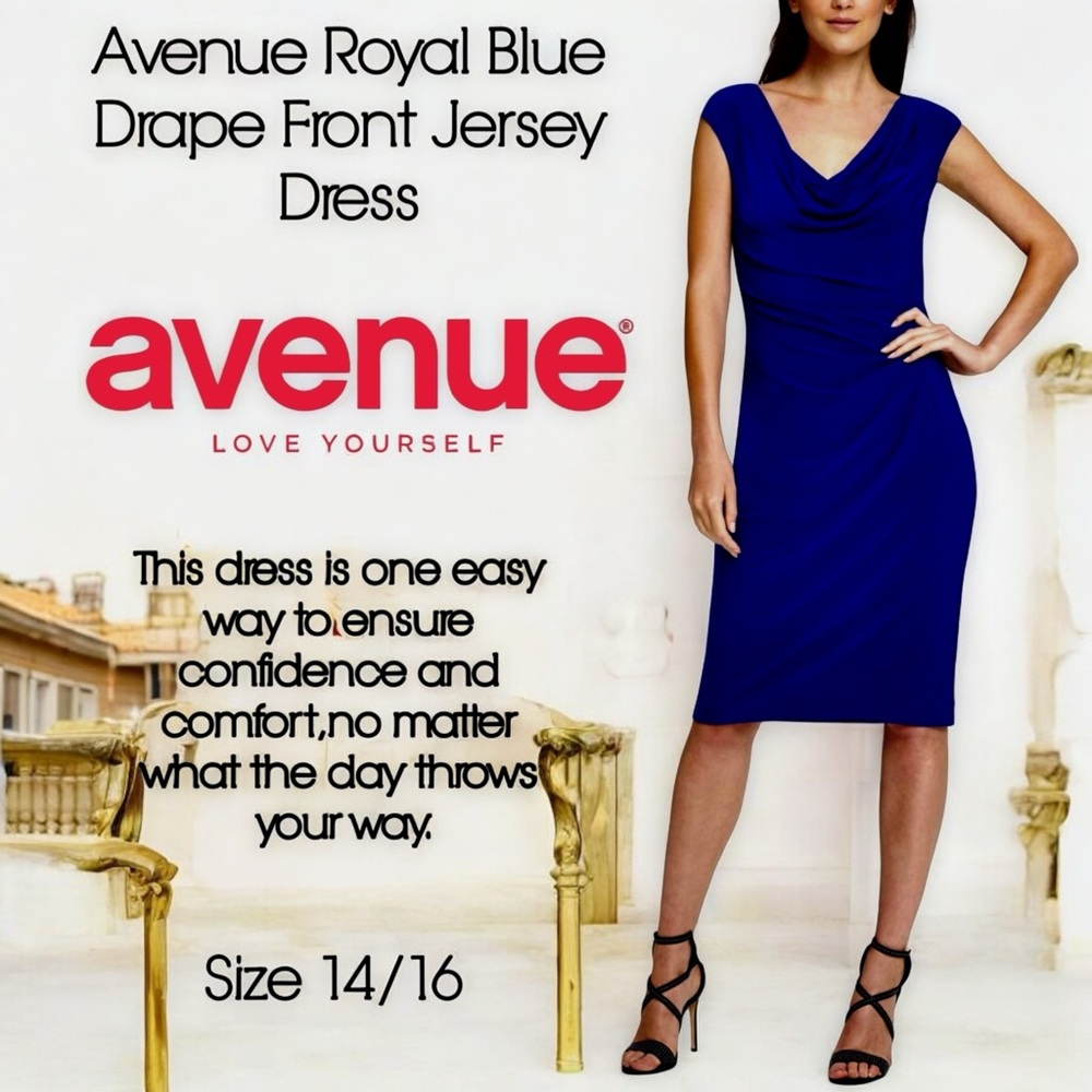 Avenue Royal Blue Drape Cowl Neck Front Jersey Dress